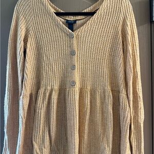 Tan Button-Front Waffle Knit Top